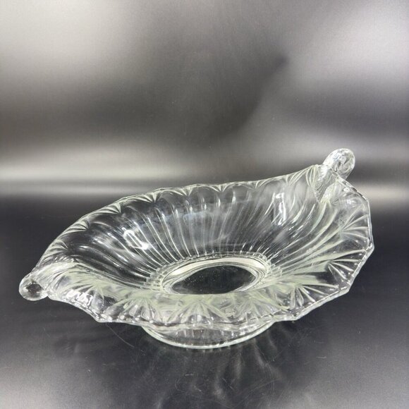 Antique Lilypad Leaf Shaped Clear Centerpiece Glass Bowl Dish Footed Glass Decor - Picture 13 of 16